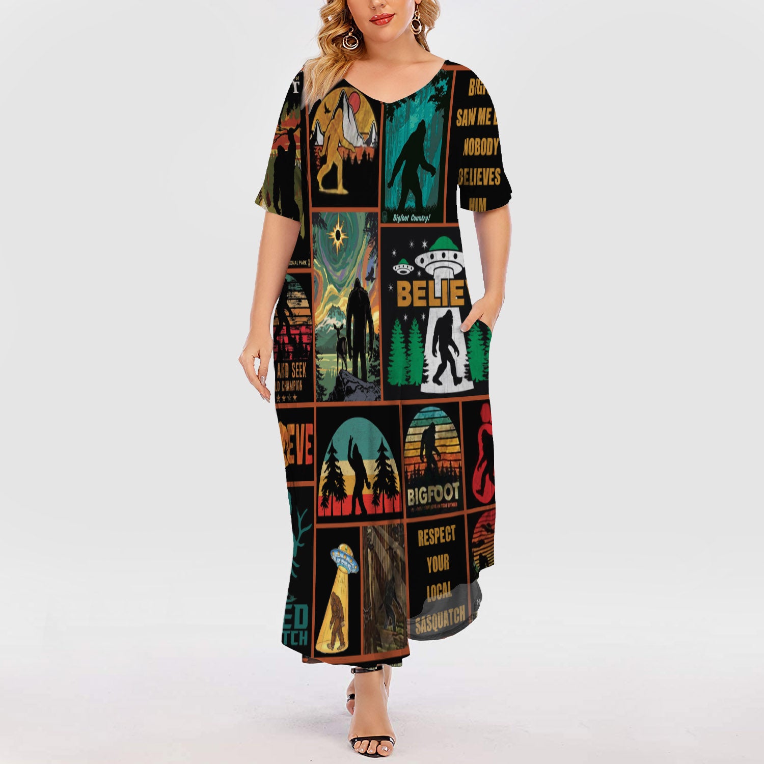 Camping Big Foot Short Sleeve Plus Size Maxi Dress | Plus Size Dress | Summer Dress For Women