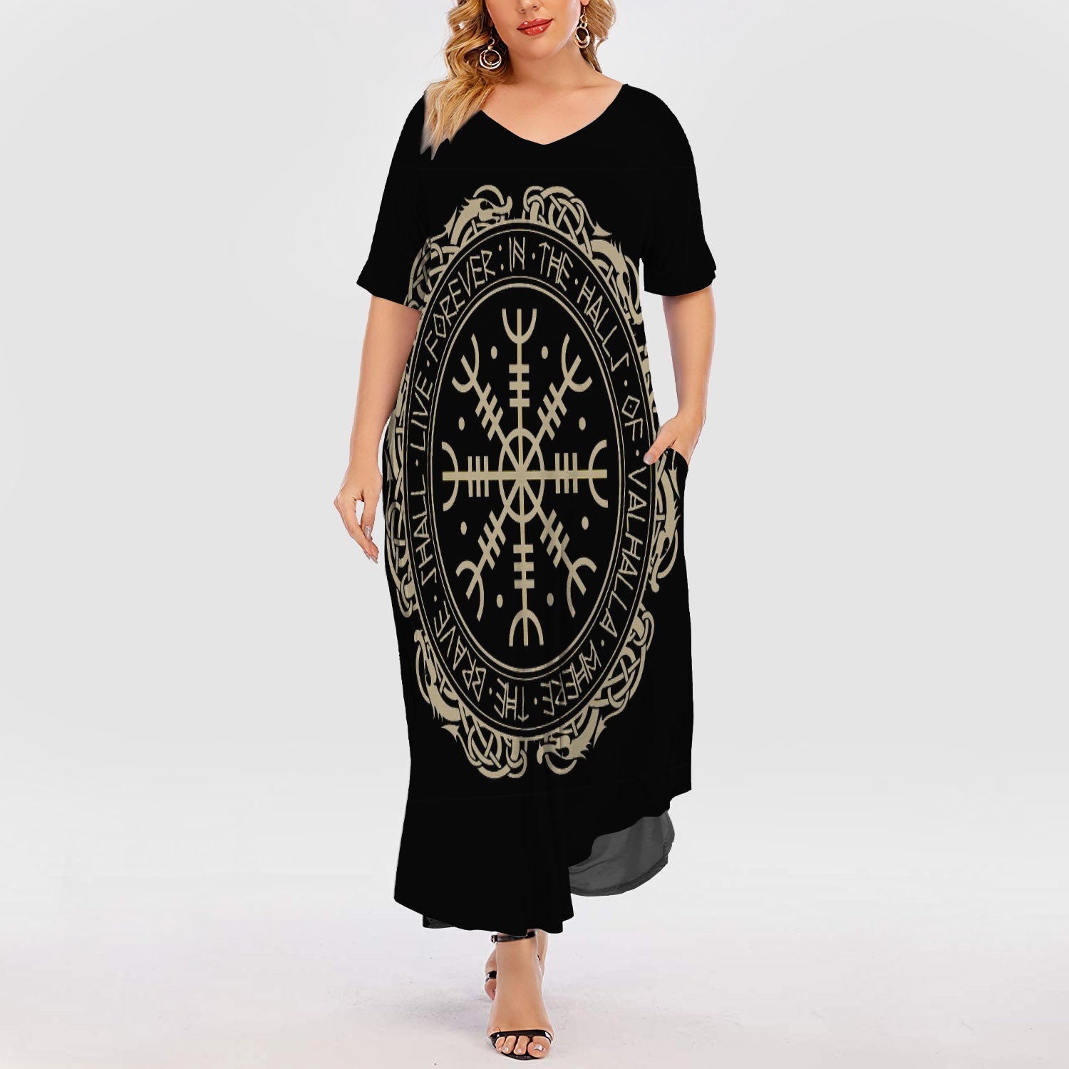 The Vegvisir Symbol Viking In The Halls Of Valhalla Short Sleeve Plus Size Maxi Dress | Plus Size Dress | Summer Dress