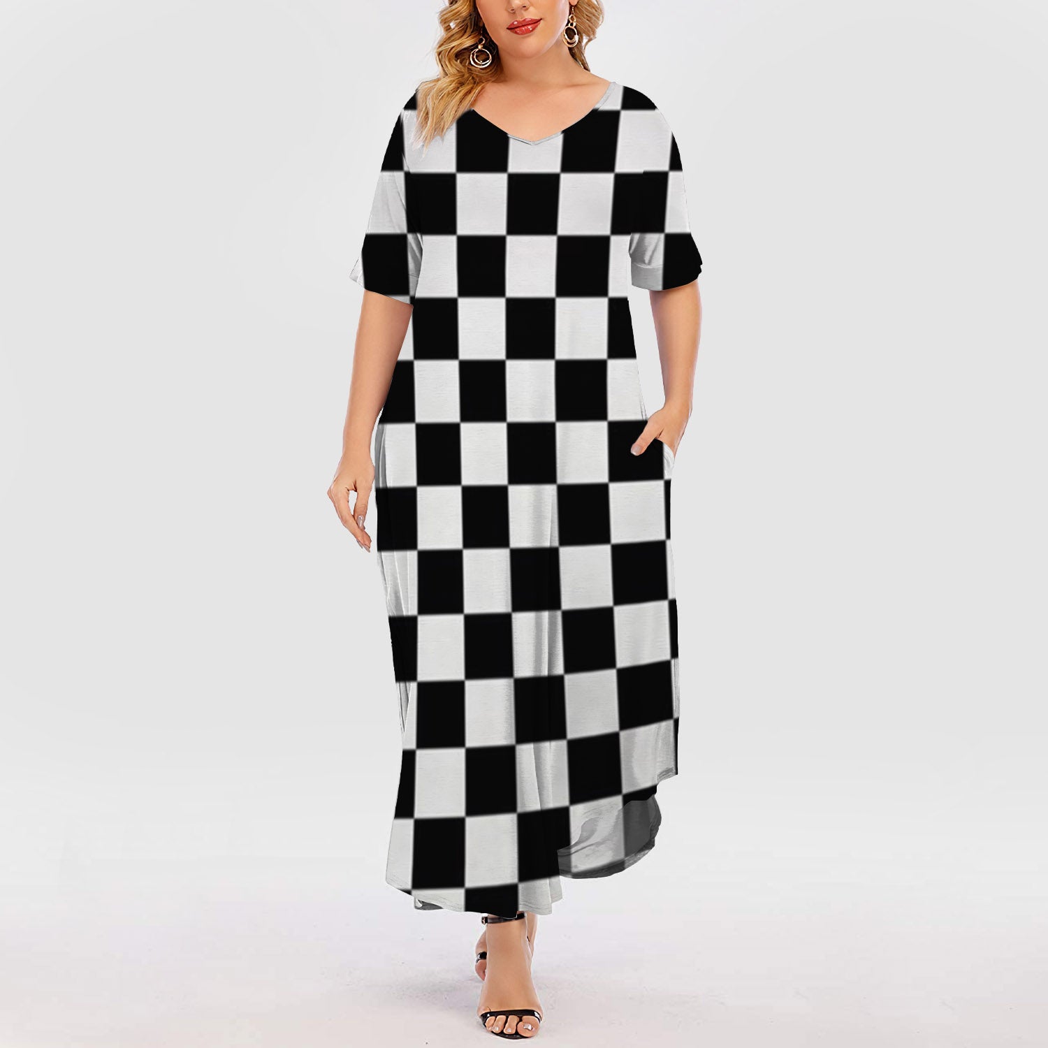 Checkerboard Short Sleeve Plus Size Maxi Dress | Plus Size Dress | Summer Dress